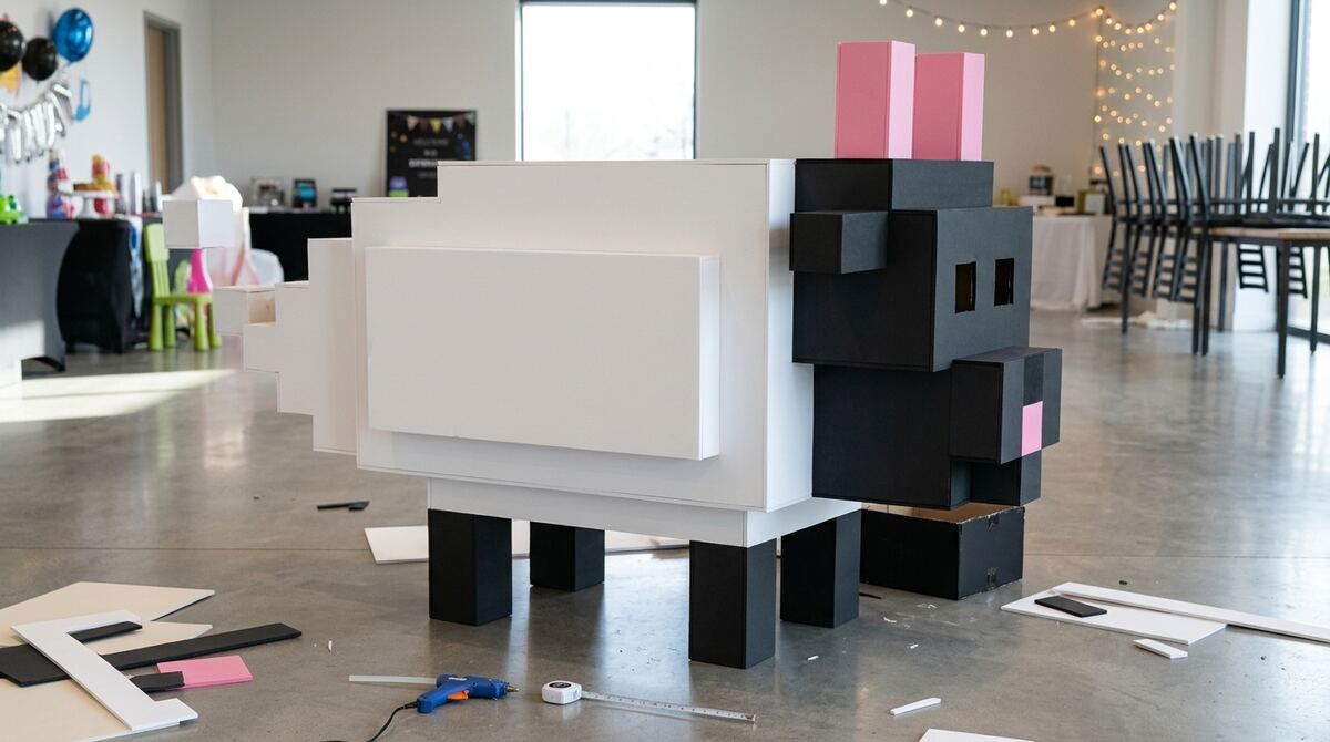 The box sheep covered in white foam board, with a black foam-board head, black legs and pink ears