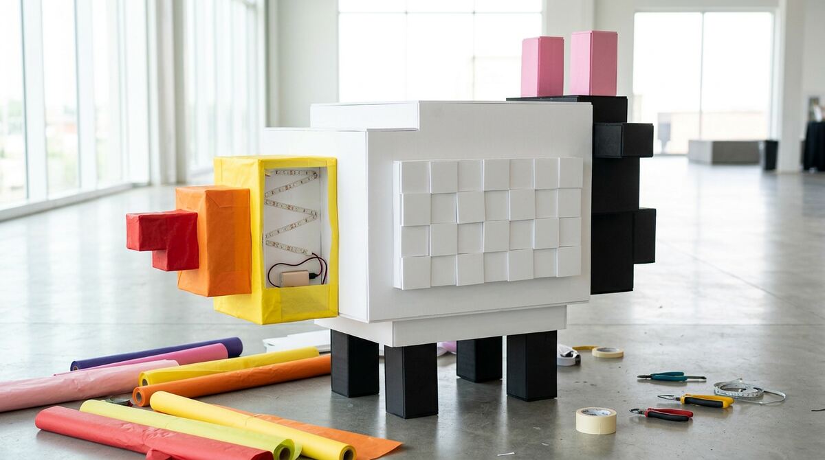 The sheep with a stepped yellow, orange and red tissue-paper flame on its back end, one side open showing an LED strip and power bank