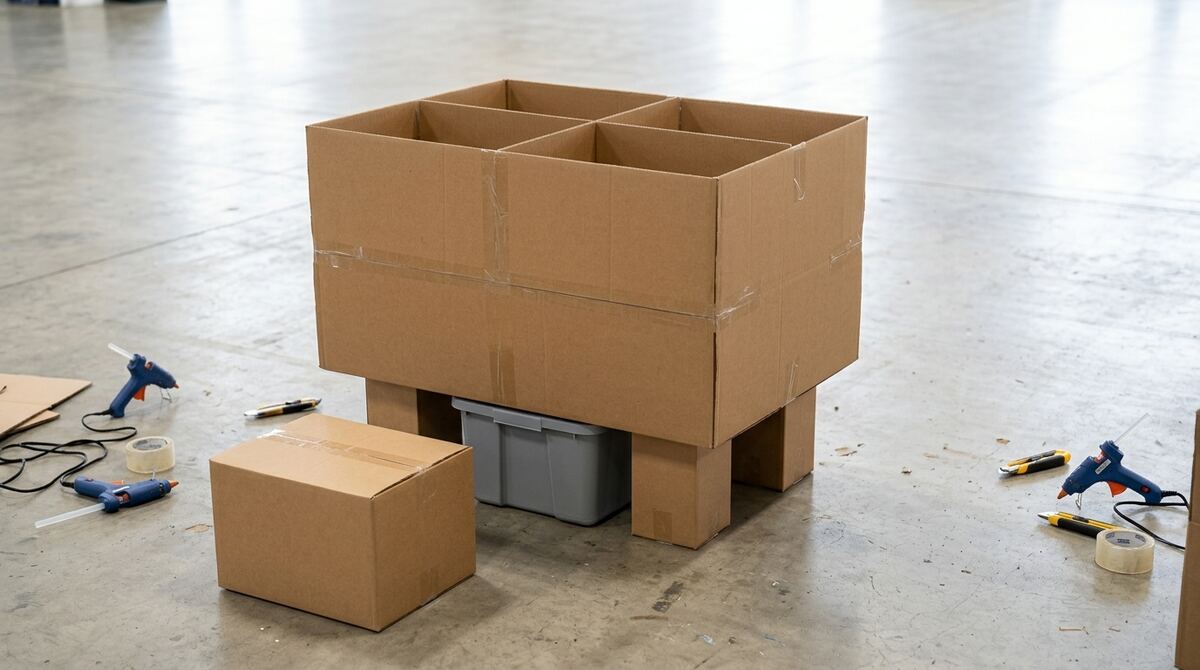 Brown moving boxes taped into a block with an X of cardboard walls inside, on four small box legs, a grey bin under the middle