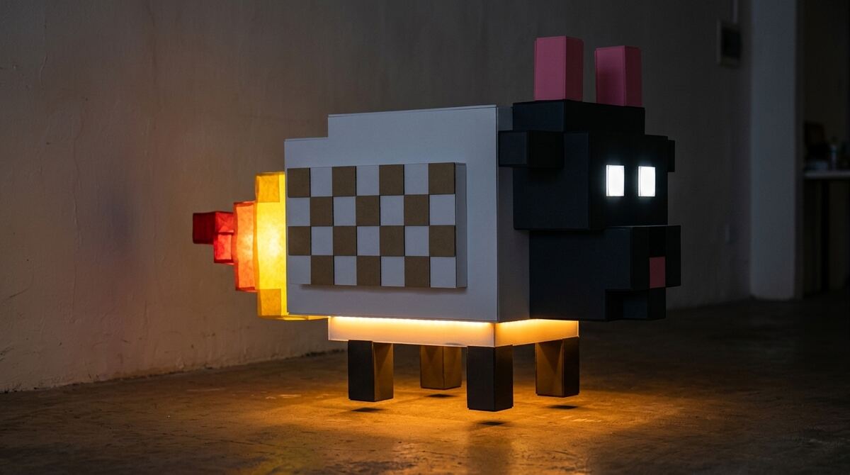 The sheep in a dimmed room with a glowing tissue-paper flame, glowing eyes and an amber underglow under the body