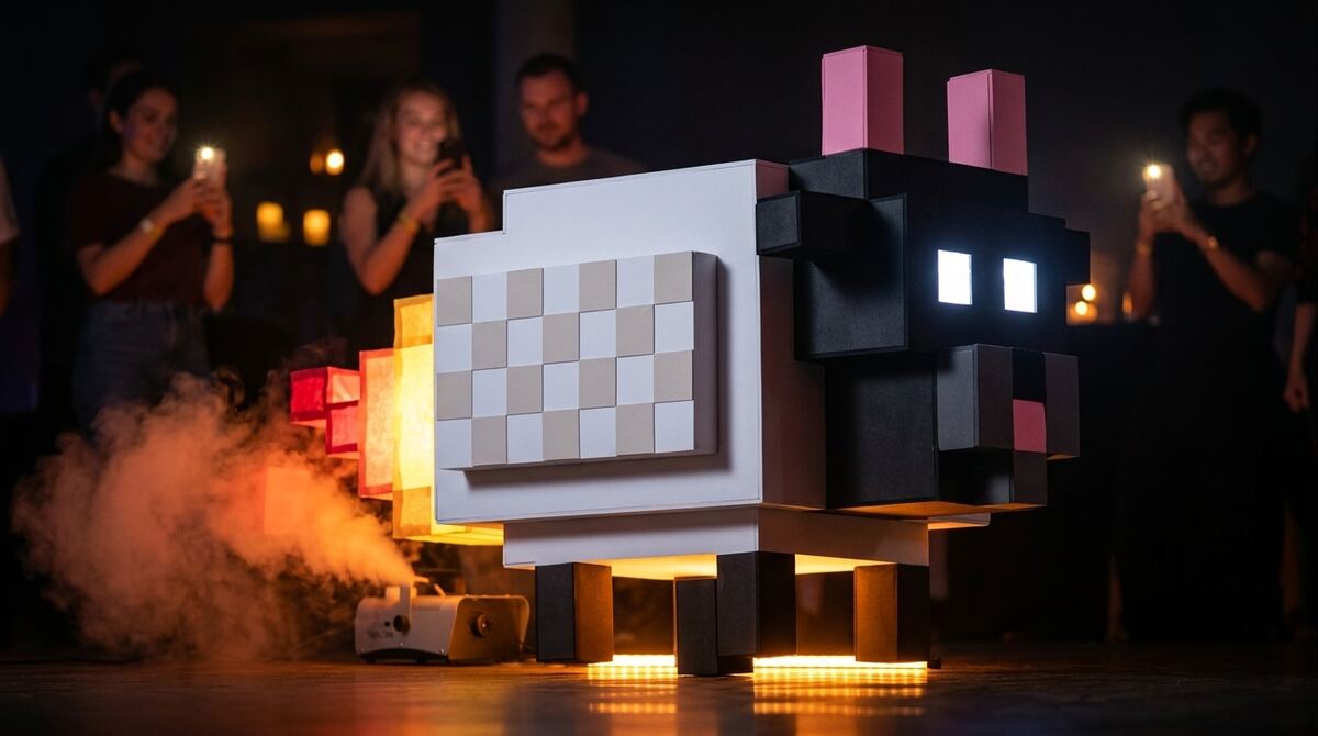 The finished cardboard space sheep in a dark room, its flame glowing, fog lit orange behind it, an amber underglow and white glowing eyes, with guests taking photos